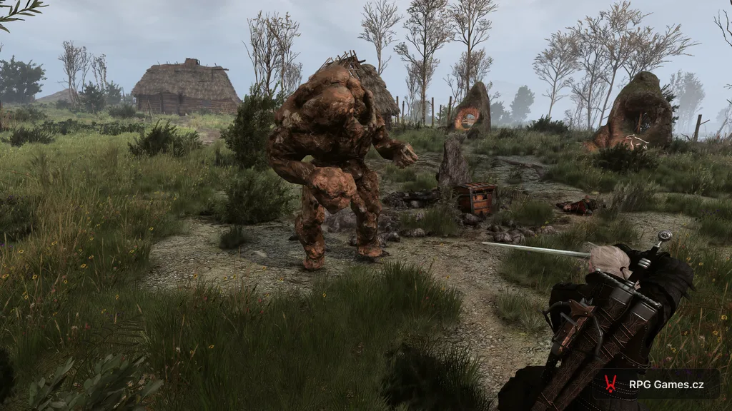 Geralt se stříbrným mečem proti zemnímu elementálovi na cestě u chalupy, Zaklínač 3