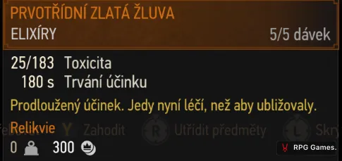 Tooltip prvotřídní zlaté žulvy v inventáři Zaklínače 3