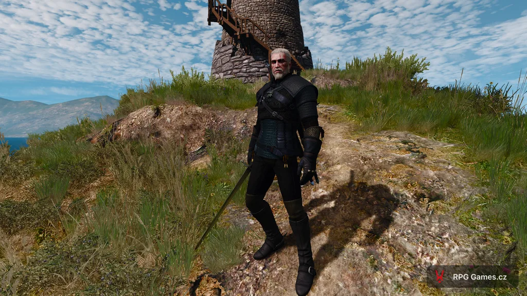 Geralt ve zmijí zbroji s ocelovým mečem, Zaklínač 3