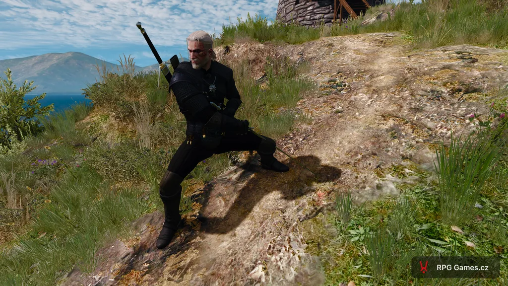 Geralt ve zmijí zbroji v bojovém postoji, Zaklínač 3