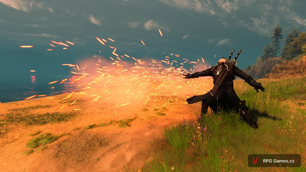 Geralt sesílá znamení Igni ve hře Zaklínač 3 — oheň z dlaně proti protivníkovi